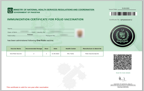 Nadra Polio Certificate Issuance